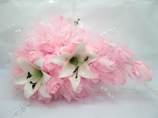 1X Ivory Lily Pink Rose Wedding Bridal Teardrop Bouquet w/Powder