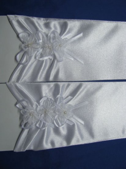 1Pair White Wedding Dress/Satin Flower Bridal Gloves 35cm - Click Image to Close