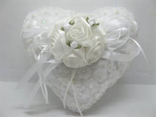 1X White Heart Wedding Ring Pillow w/case under Rose