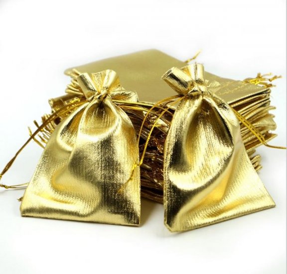 100 Golden Drawstring Gift Jewellery Pouches 12x9cm - Click Image to Close