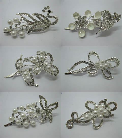 4Pcs Silvery Hair Clips W/ Rhinestone & Pearl Assorted - Click Image to Close