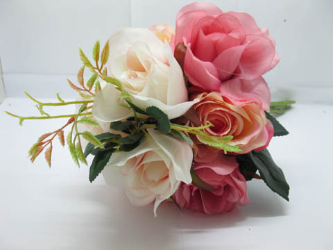 1X Pink Rose Bridal Bouquet Holding Flowers Wedding - 9 Heads - Click Image to Close
