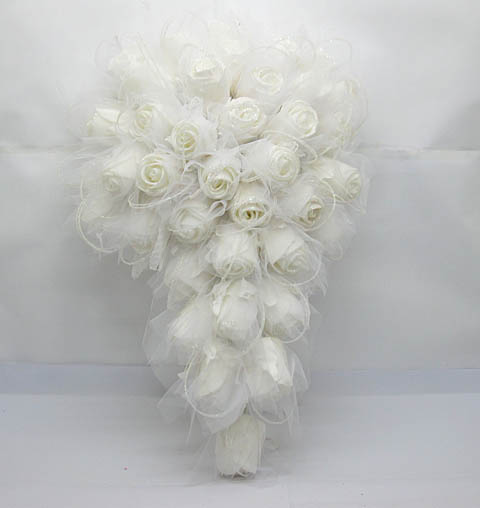 1X Artificial White Rose Wedding Bridal Teardrop Bouquet w/Powde - Click Image to Close