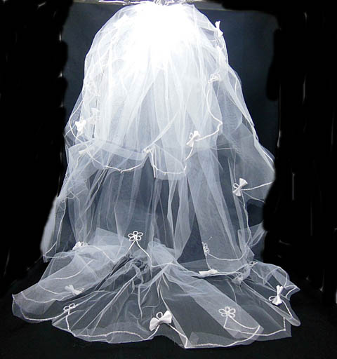 1X New White Wedding Bridal Veil - Bowknot & Flower Edge - Click Image to Close