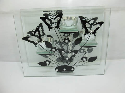 1X Glass Tea Light Holder Triple Holder Butterfly Pattern - Click Image to Close