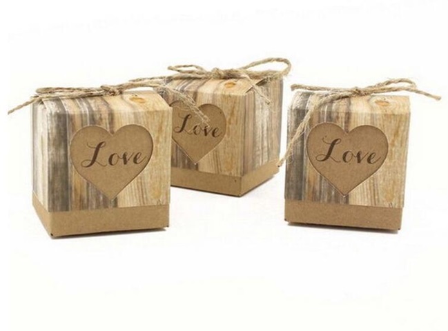 50X Heart Brown Kraft Square Sweets Candy Gift Boxes W/Hemp Cord - Click Image to Close