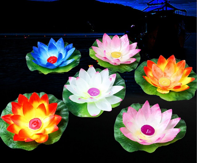 10 Chinese Cloth Lotus Flower Floating Lanterns Mixed Color - Click Image to Close