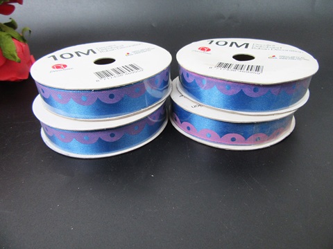 12Rolls X 10M Printed Flower Edge Blue Satin Ribbon 15mm wide - Click Image to Close